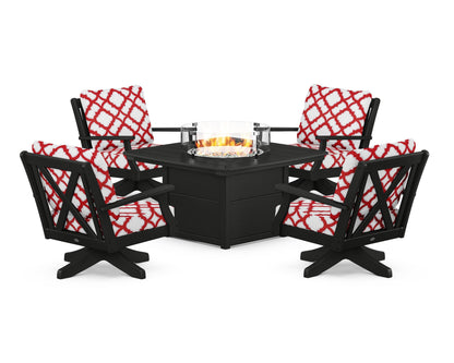 POLYWOOD® Braxton 5-Piece Deep Seating Swivel Conversation Set with Fire Pit Table in Black / Trellis Crimson