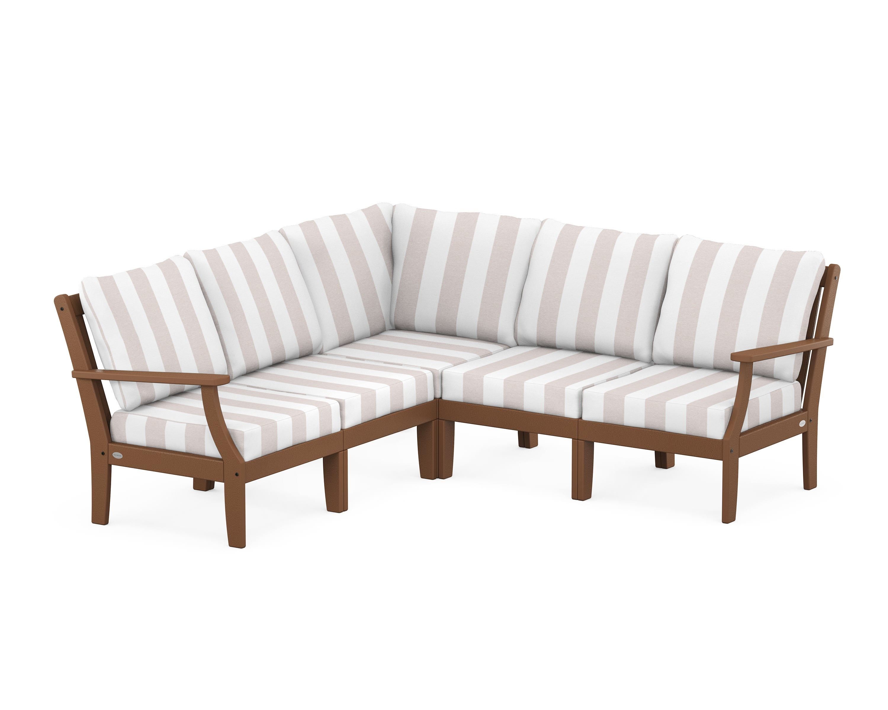 POLYWOOD® Braxton Modular 5-Piece Deep Seating Set in Teak / Cabana Stripe Dune Burlap