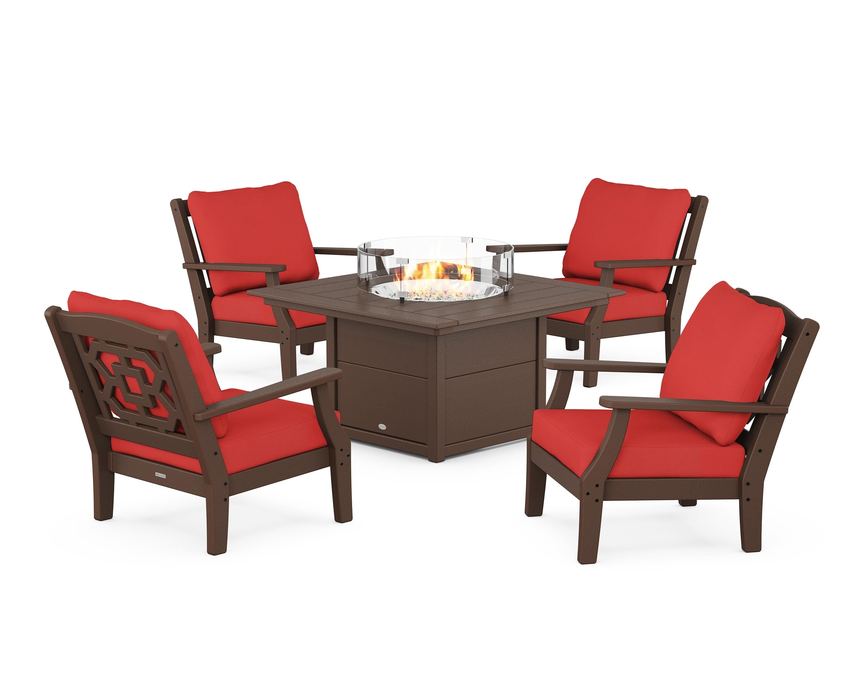 Martha Stewart by POLYWOOD® Chinoiserie 5-Piece Deep Seating Set with Fire Pit Table in Mahogany / Crimson Linen