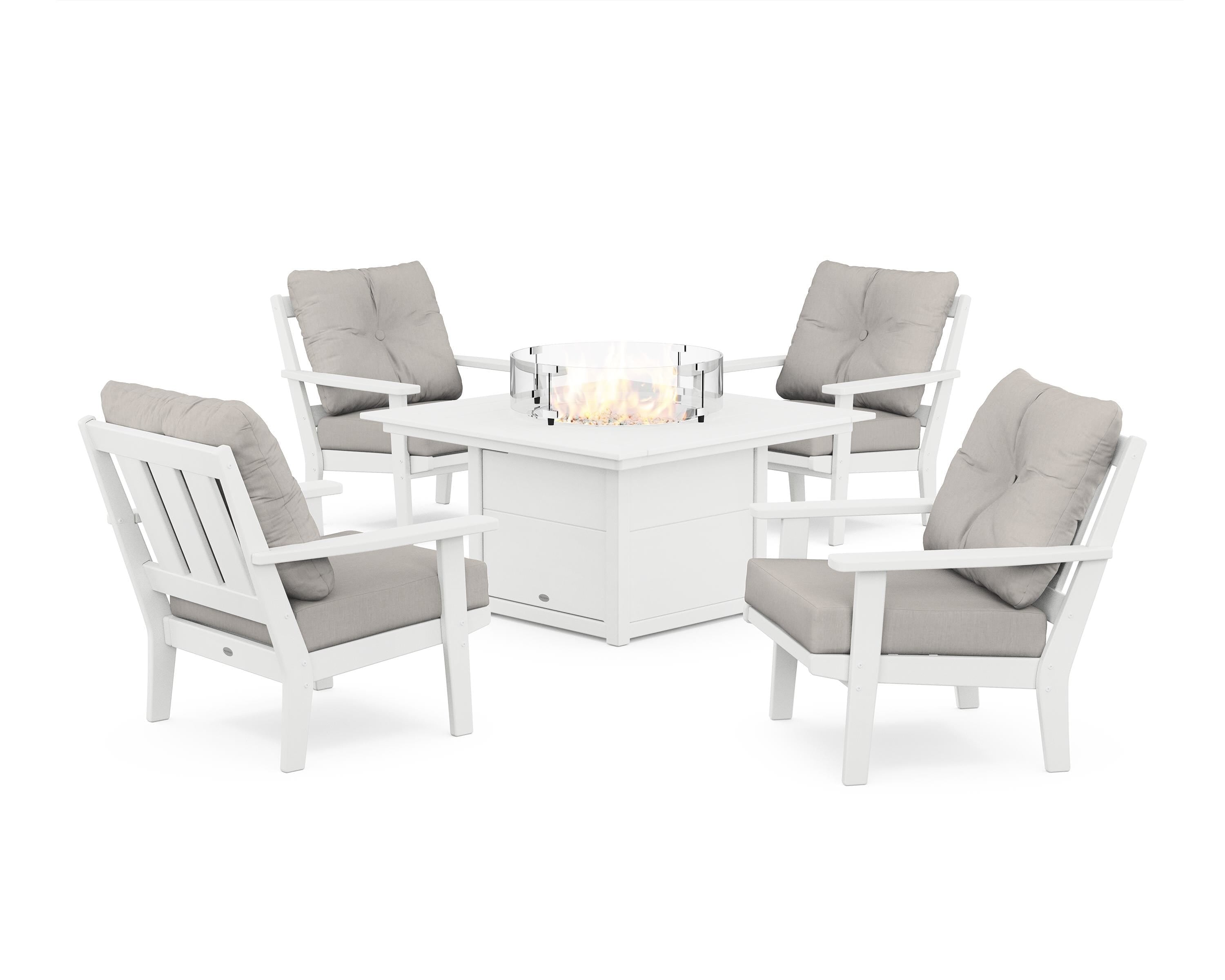 POLYWOOD® Oxford 5-Piece Deep Seating Set with Fire Pit Table in White / Cast Ash
