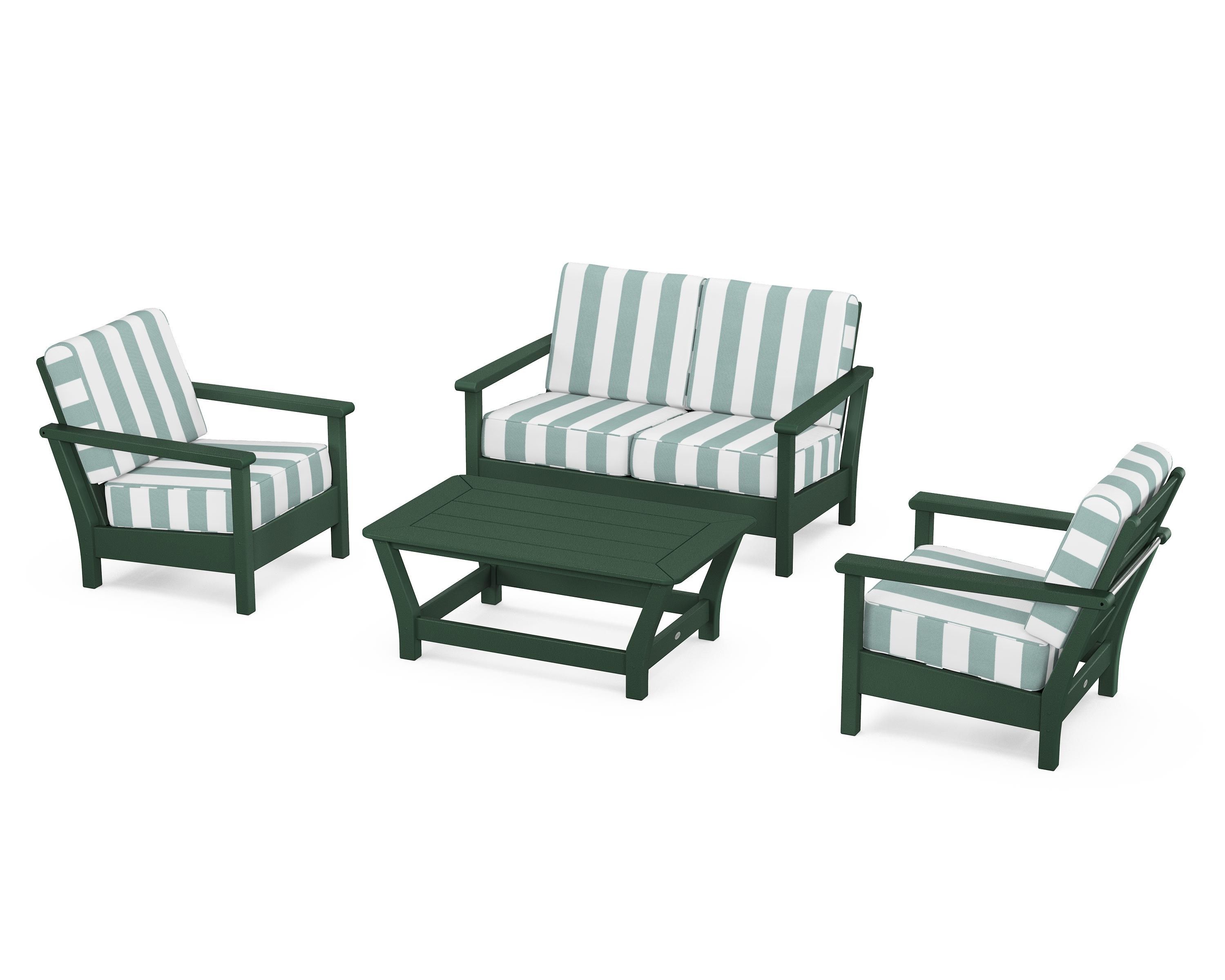 POLYWOOD® Harbour 4-Piece Deep Seating Set in Green / Cabana Stripe Glacier Spa