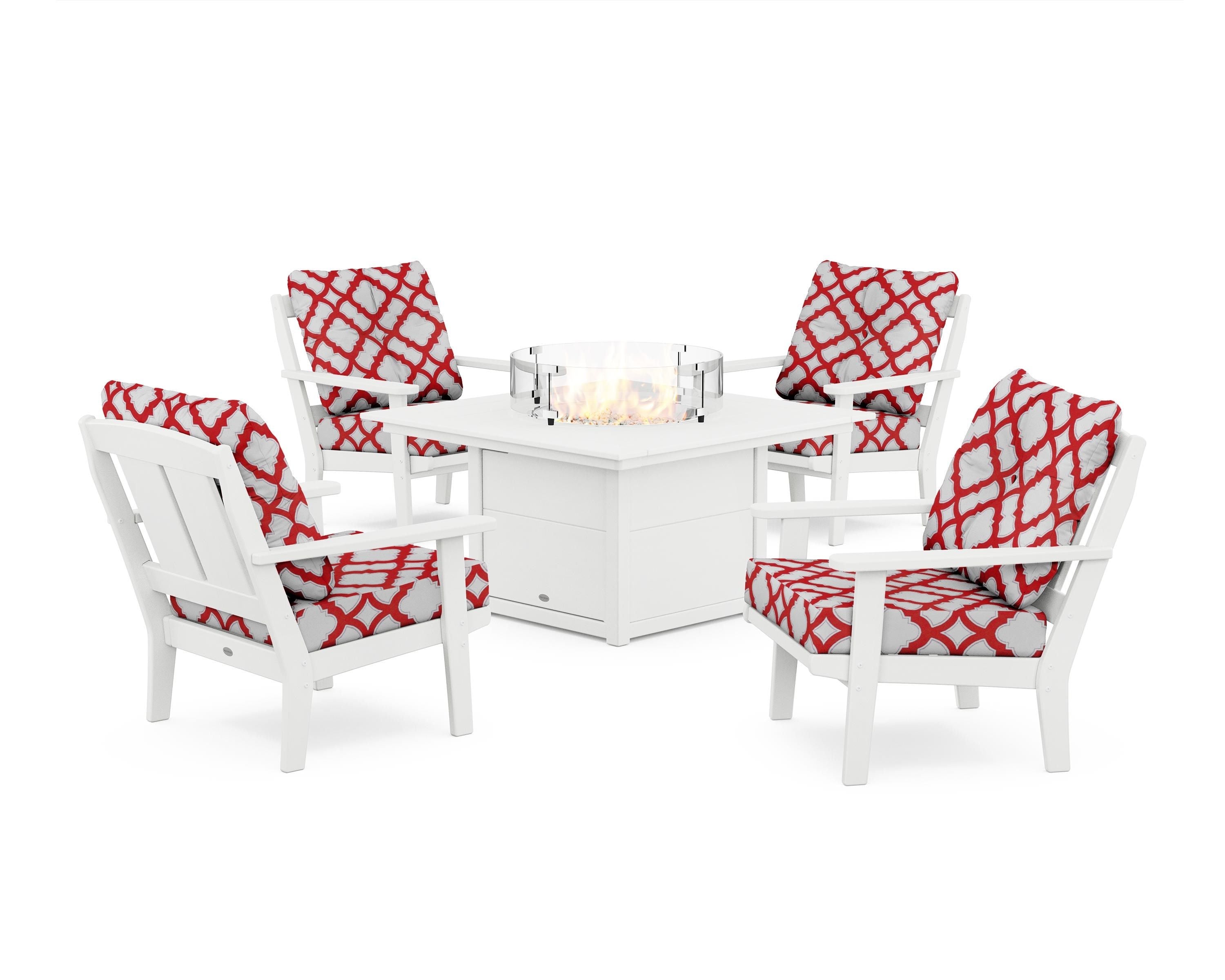 POLYWOOD® Mission 5-Piece Deep Seating Set with Fire Pit Table in White / Trellis Crimson