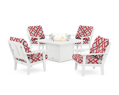 POLYWOOD® Mission 5-Piece Deep Seating Set with Fire Pit Table in White / Trellis Crimson