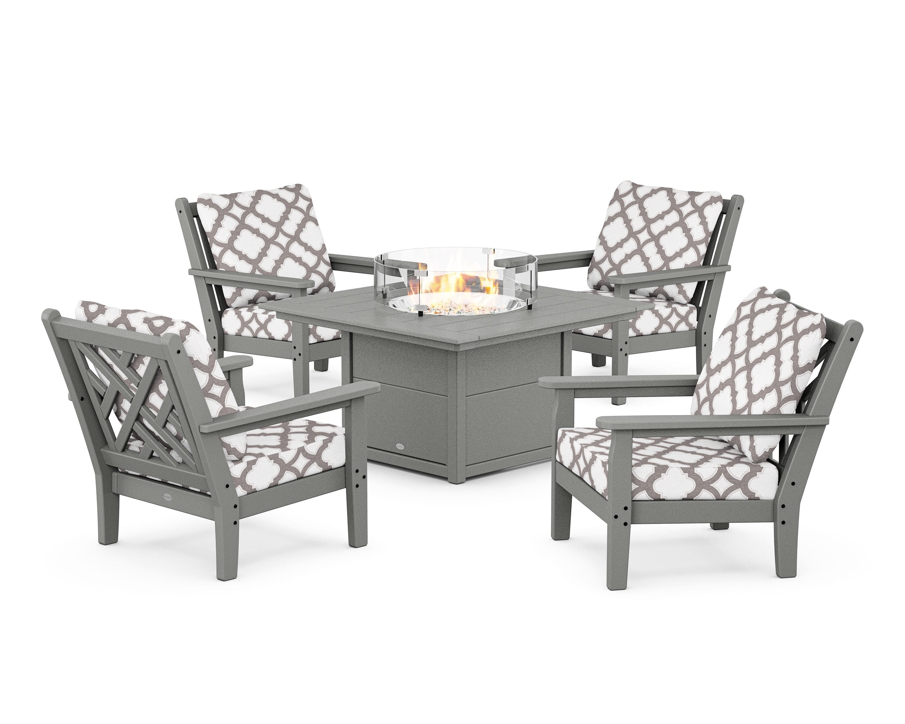 POLYWOOD® Chippendale 5-Piece Deep Seating Set with Fire Pit Table in Slate Grey / Trellis Grey Mist