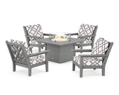 POLYWOOD® Chippendale 5-Piece Deep Seating Set with Fire Pit Table in Slate Grey / Trellis Grey Mist