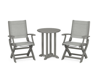POLYWOOD® Coastal Folding 3-Piece Round Bistro Dining Set in Slate Grey / Metallic Sling