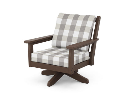 POLYWOOD® Chippendale Deep Seating Swivel Chair in Mahogany / Buffalo Plaid Grey Mist