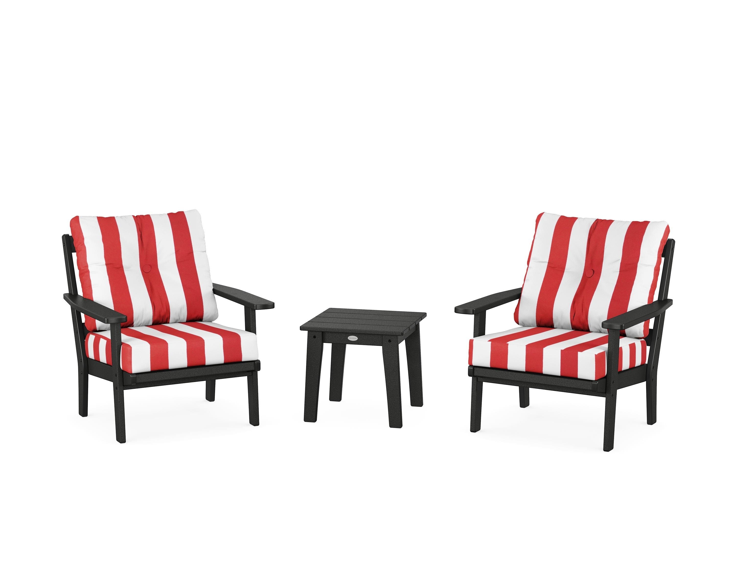 POLYWOOD® Prairie 3-Piece Deep Seating Set in Black / Cabana Stripe Crimson