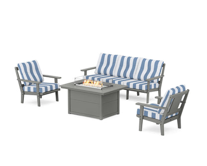 POLYWOOD® Prairie Deep Seating Fire Pit Table Set in Slate Grey / Cabana Stripe Sky Blue