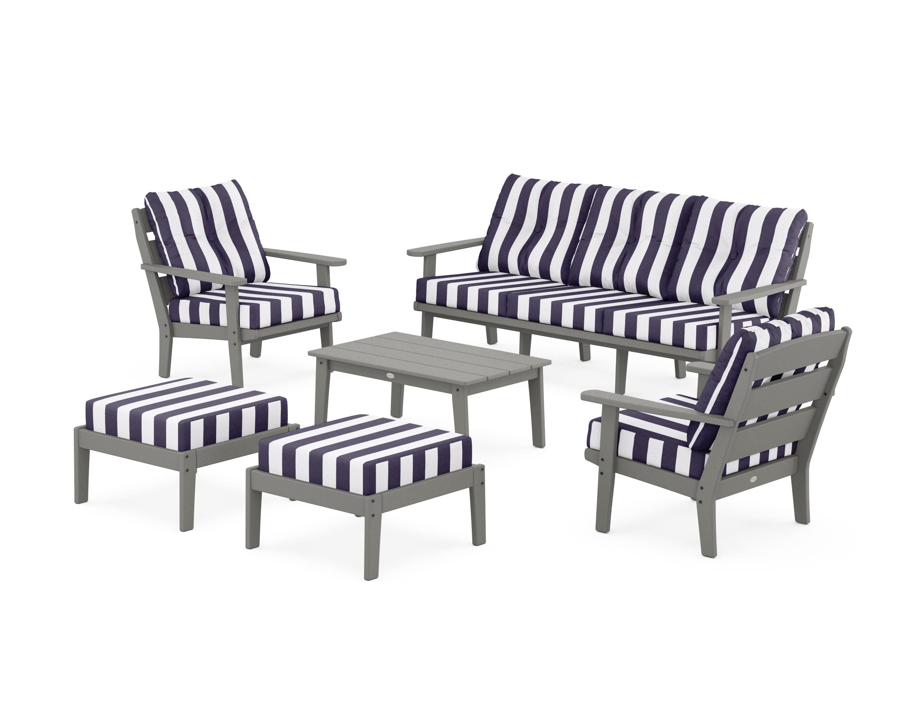 POLYWOOD® Lakeside 6-Piece Lounge Sofa Set in Slate Grey / Cabana Stripe Navy