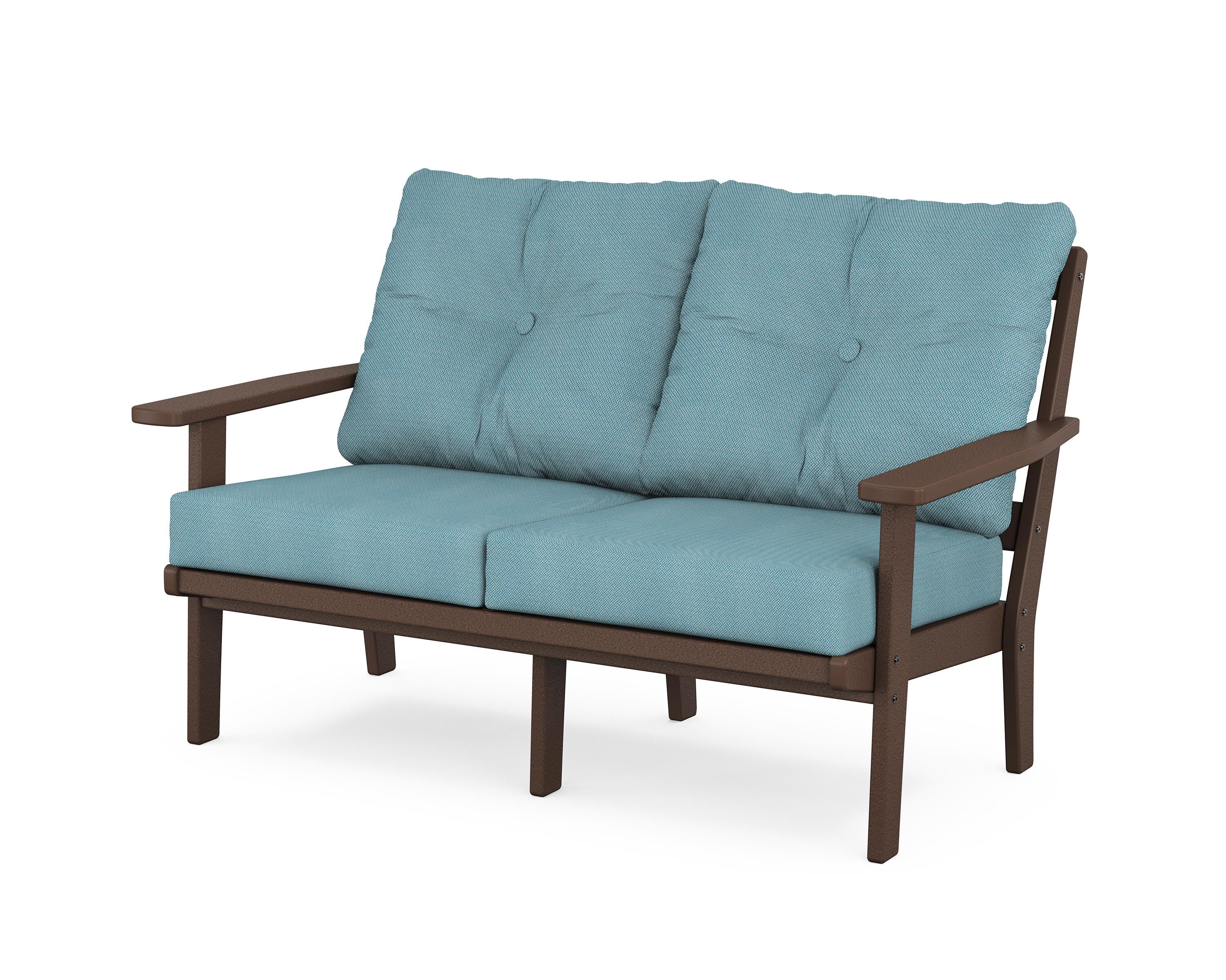 POLYWOOD® Oxford Deep Seating Loveseat in Mahogany / Lattice Sky Blue