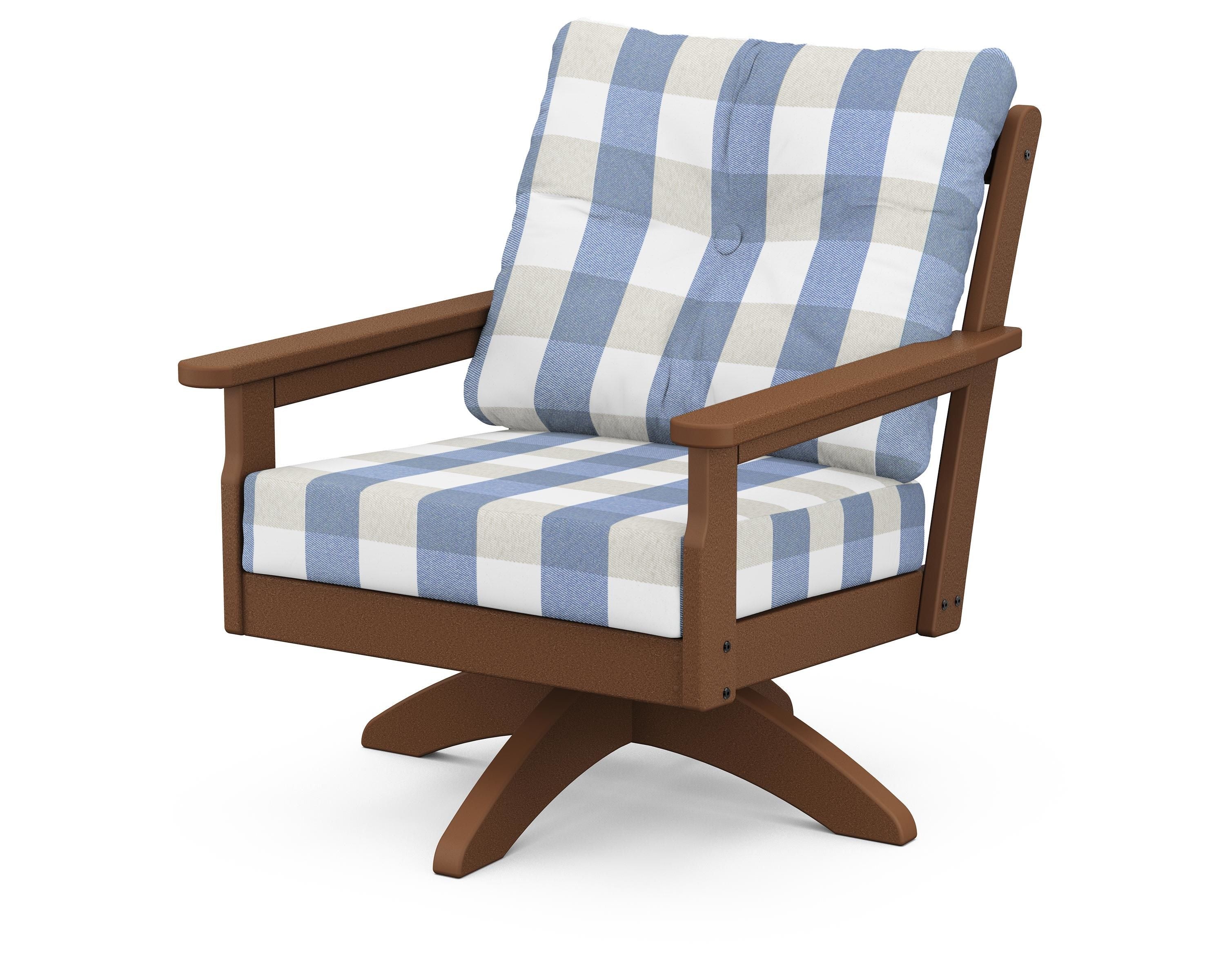 POLYWOOD® Vineyard Deep Seating Swivel Chair in Teak / Buffalo Plaid Sky Blue