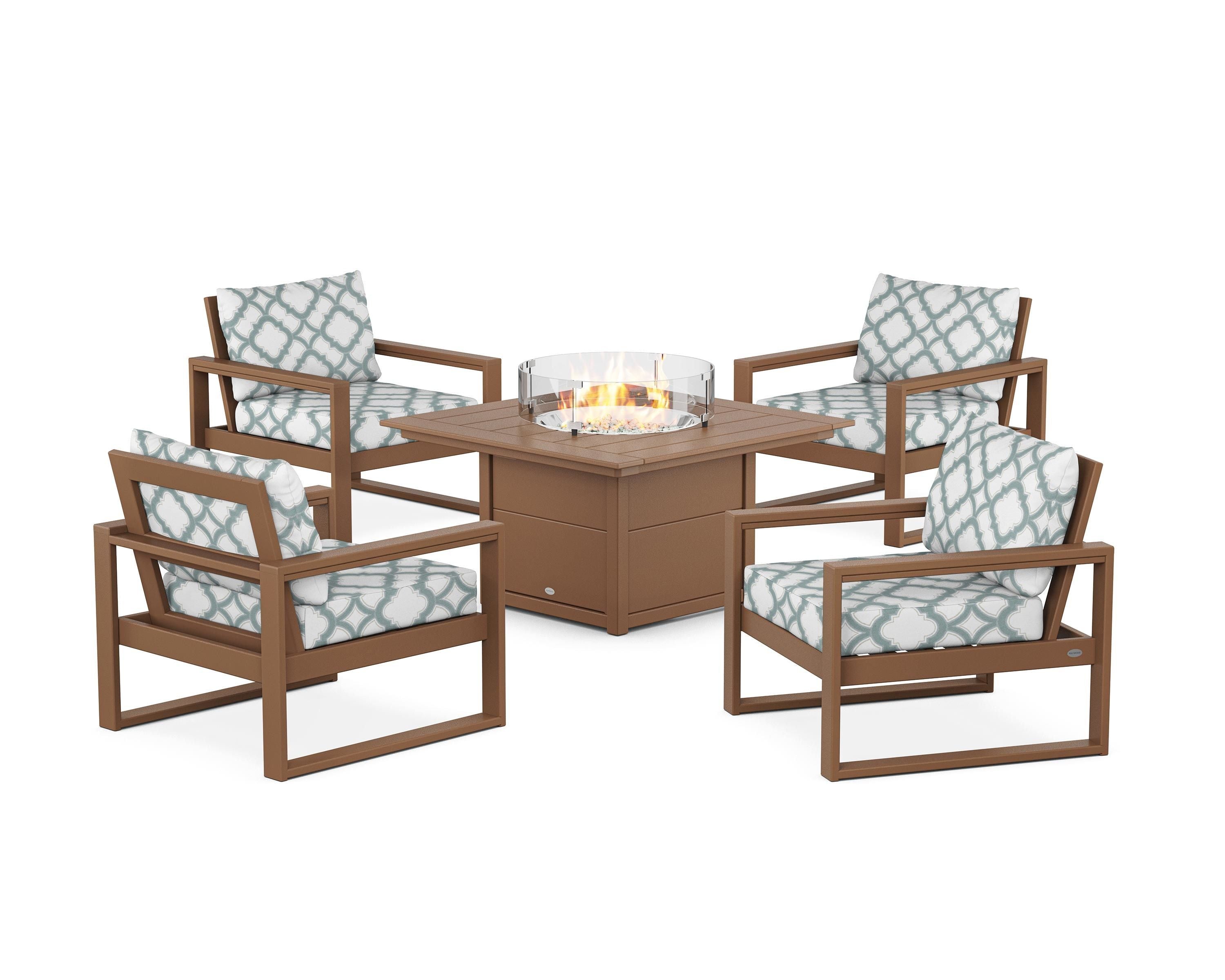 POLYWOOD® EDGE Sectional 5-Piece Deep Seating Set with Fire Pit Table in Teak / Trellis Glacier Spa