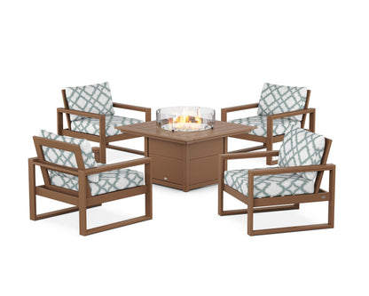 POLYWOOD® EDGE Sectional 5-Piece Deep Seating Set with Fire Pit Table in Teak / Trellis Glacier Spa