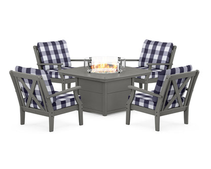 POLYWOOD® Braxton 5-Piece Deep Seating Conversation Set with Fire Pit Table in Slate Grey / Buffalo Plaid Navy