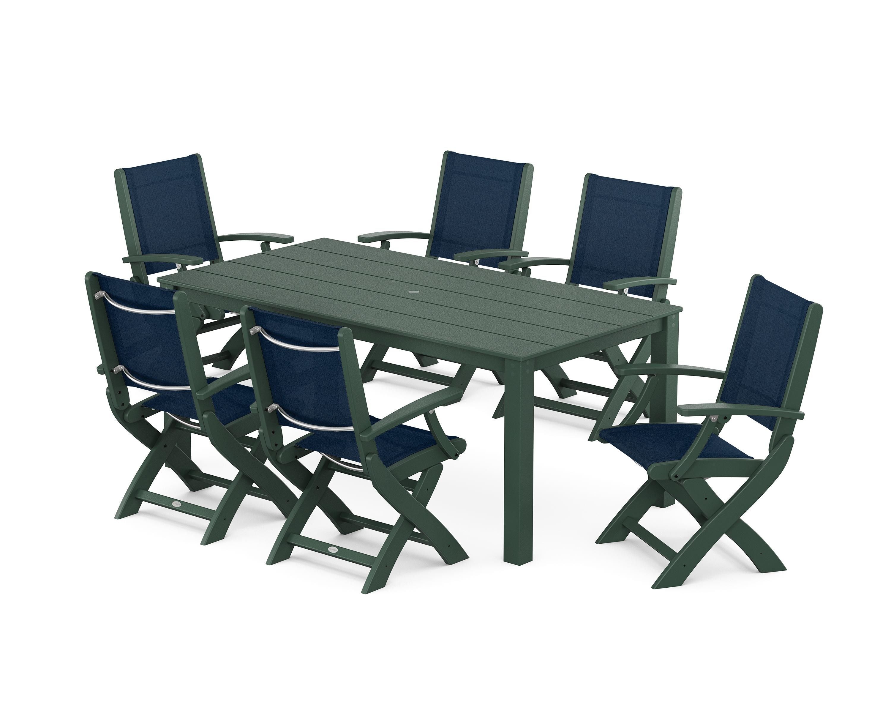 POLYWOOD® Coastal Folding Chair 7-Piece Parsons Dining Set in Green / Navy Blue Sling