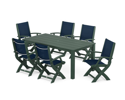 POLYWOOD® Coastal Folding Chair 7-Piece Parsons Dining Set in Green / Navy Blue Sling