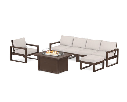 POLYWOOD® EDGE Sectional Lounge and Fire Pit Set in Mahogany / Dune Burlap
