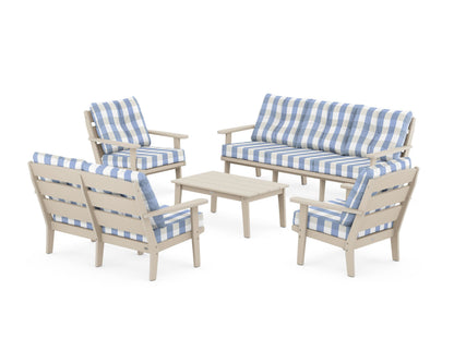 POLYWOOD® Lakeside 5-Piece Lounge Sofa Set in Sand / Buffalo Plaid Sky Blue