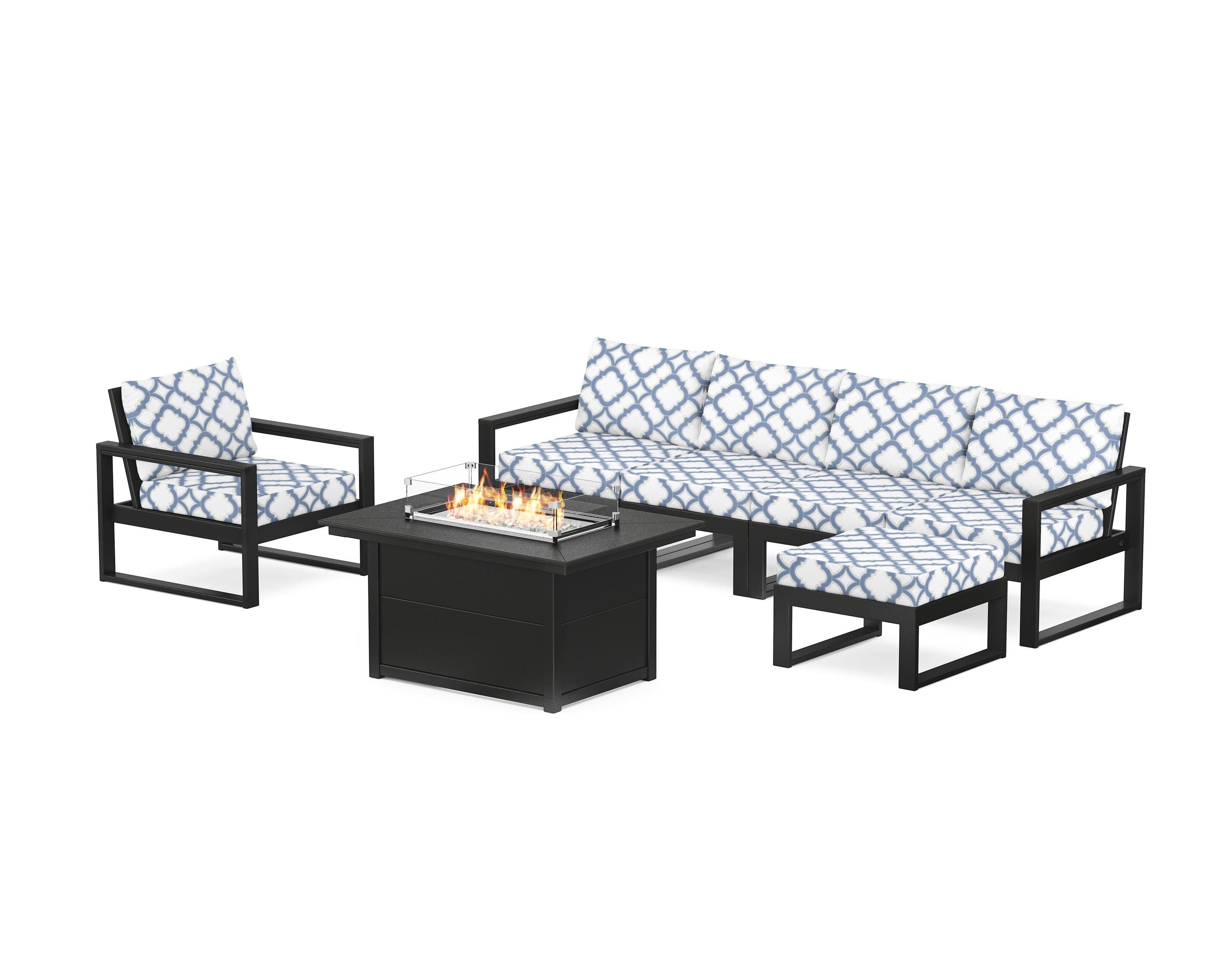 POLYWOOD® EDGE Sectional Lounge and Fire Pit Set in Black / Trellis Sky Blue