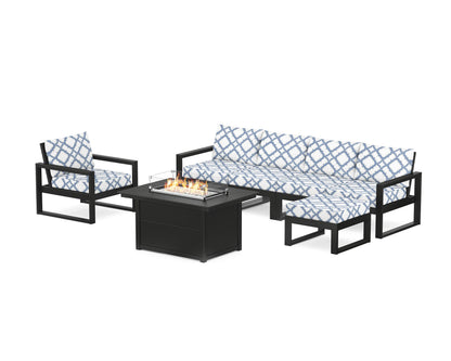POLYWOOD® EDGE Sectional Lounge and Fire Pit Set in Black / Trellis Sky Blue
