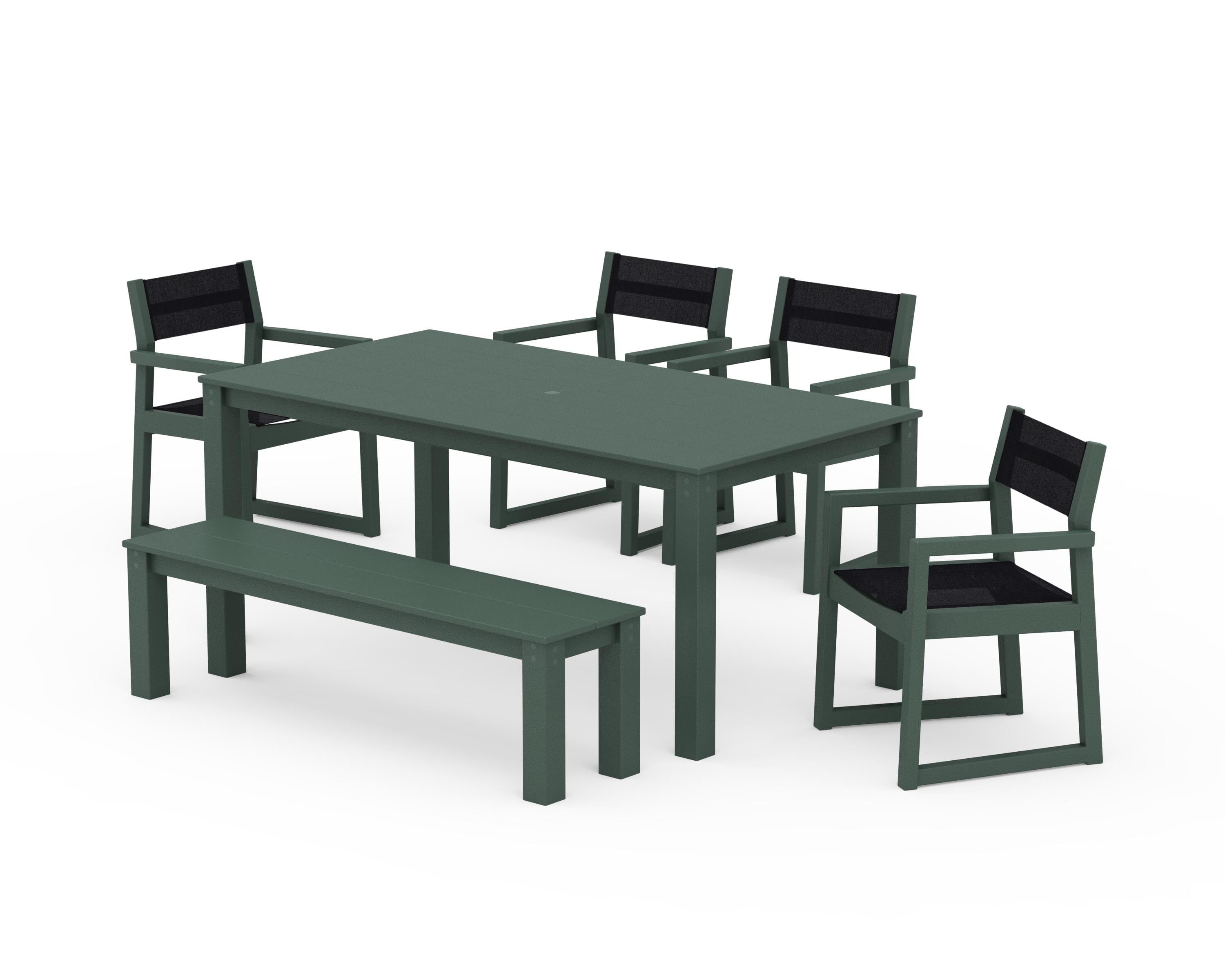 POLYWOOD® EDGE Sling Arm Chair 6-Piece Parsons Dining Set with Bench in Green / Black Sling