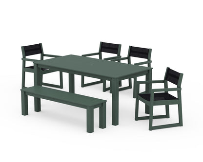 POLYWOOD® EDGE Sling Arm Chair 6-Piece Parsons Dining Set with Bench in Green / Black Sling