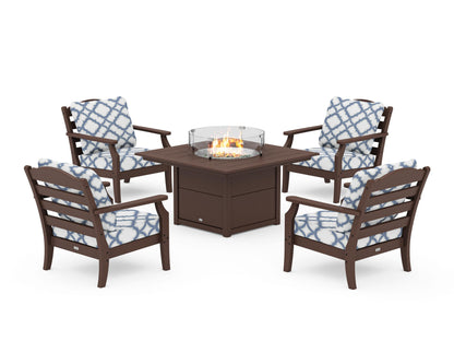 Draper James™ by  POLYWOOD® Savannah 5-Piece Deep Seating Set with Fire Pit Table in Mahogany / Trellis Sky Blue
