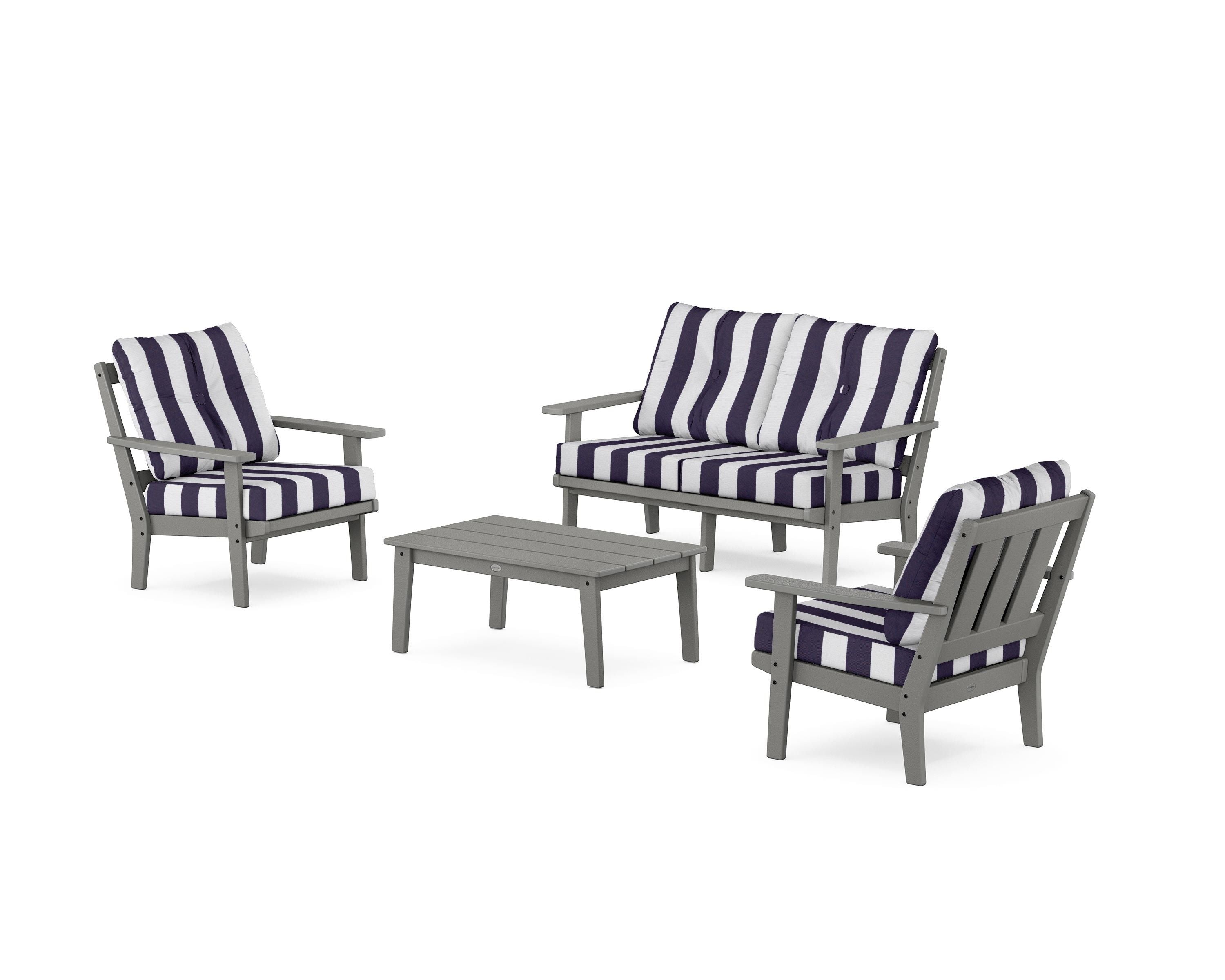 POLYWOOD® Oxford 4-Piece Deep Seating Set with Loveseat in Slate Grey / Cabana Stripe Navy