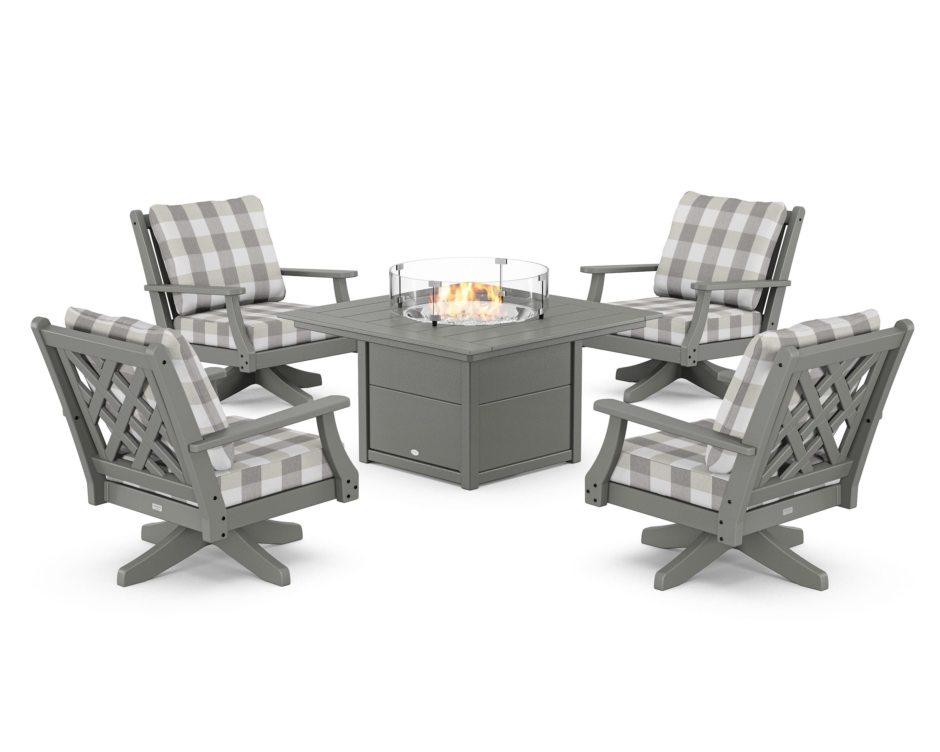 Country Living Wovendale 5-Piece Deep Seating Swivel Conversation Set with Fire Pit Table in Slate Grey / Buffalo Plaid Grey Mist