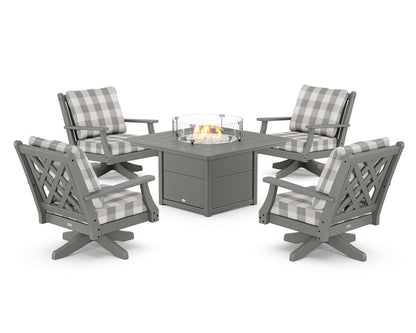 Country Living Wovendale 5-Piece Deep Seating Swivel Conversation Set with Fire Pit Table in Slate Grey / Buffalo Plaid Grey Mist