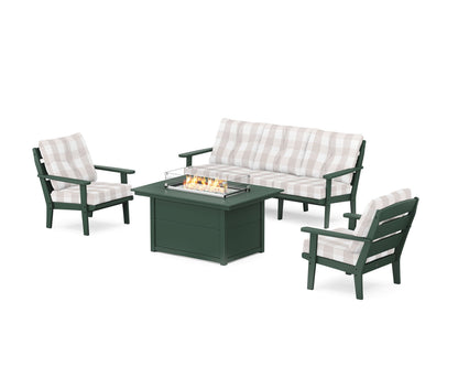 POLYWOOD® Lakeside Deep Seating Fire Pit Table Set in Green / Buffalo Plaid Dune Burlap