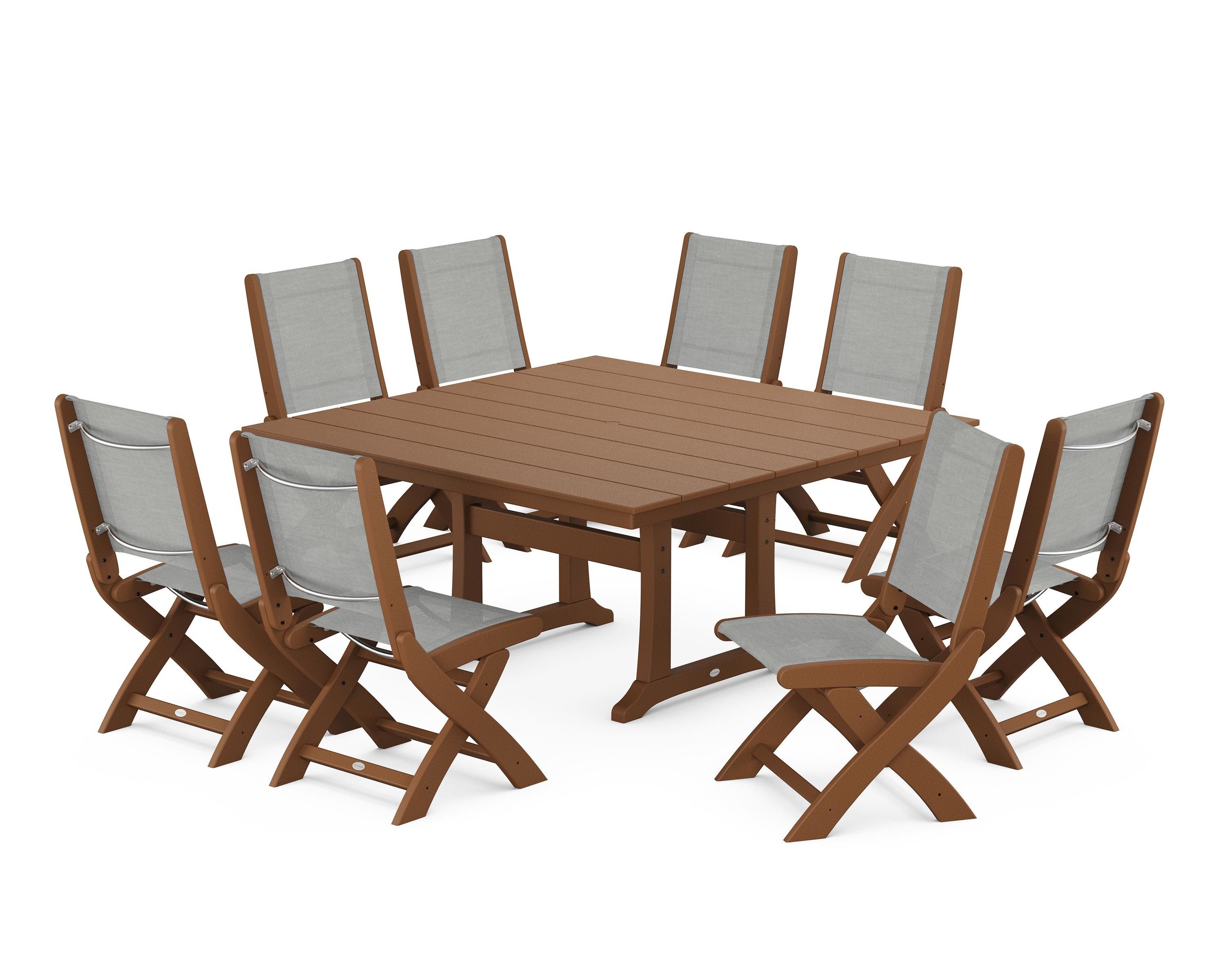 POLYWOOD® Coastal Folding Side Chair 9-Piece Farmhouse Dining Set in Teak / Metallic Sling