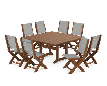 POLYWOOD® Coastal Folding Side Chair 9-Piece Farmhouse Dining Set in Teak / Metallic Sling