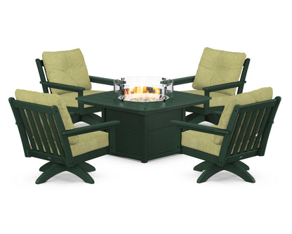 POLYWOOD® Vineyard 5-Piece Deep Seating Swivel Conversation Set with Fire Pit Table in Green / Chartreuse Boucle
