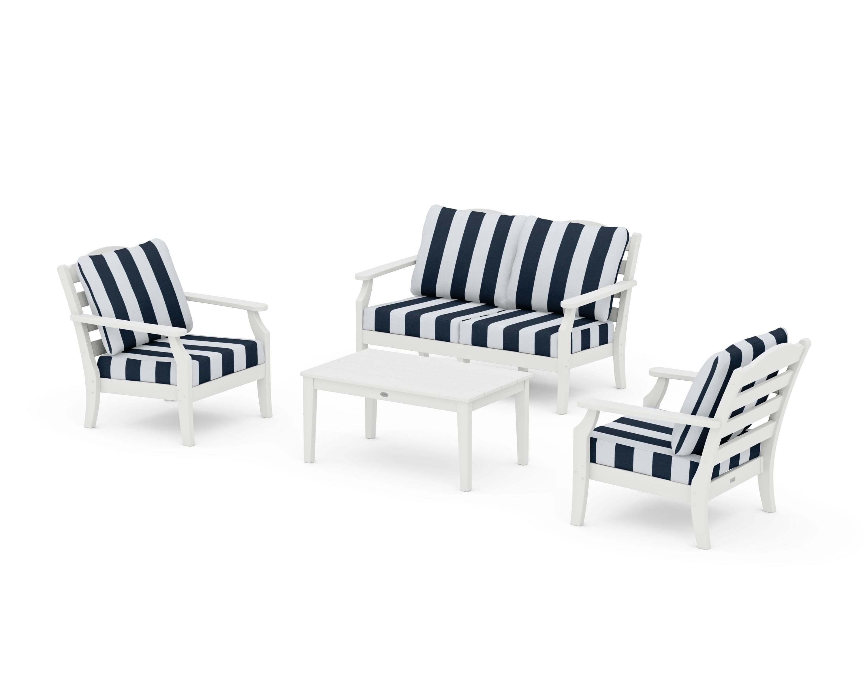 Draper James™ by  POLYWOOD® Savannah 4-Piece Deep Seating Set with Loveseat in White / Cabana Stripe Marine Indigo