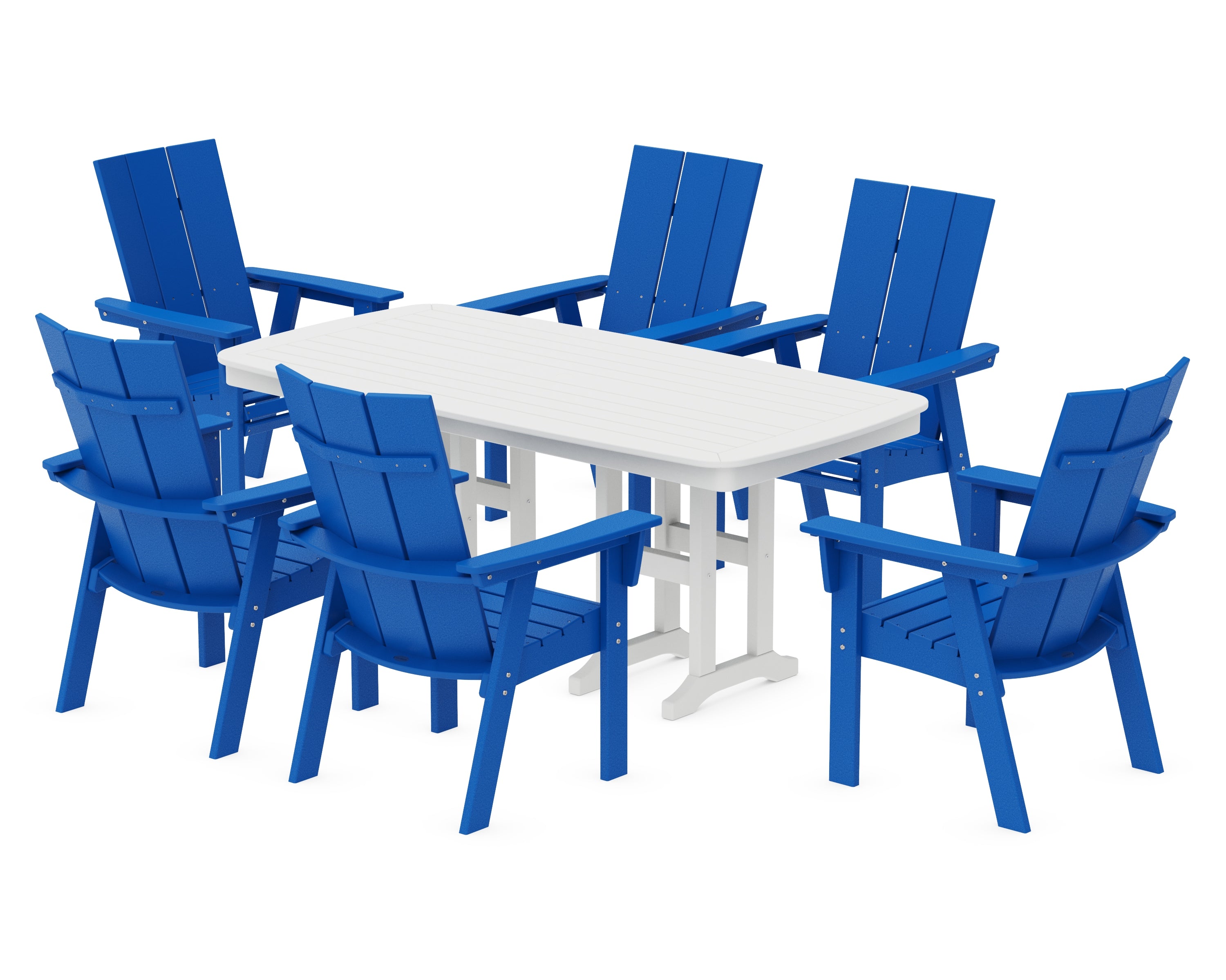 POLYWOOD® Modern Curveback Adirondack 7-Piece Dining Set in Pacific Blue / White