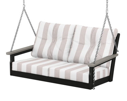 POLYWOOD® Vineyard Deep Seating Swing in Black / Driftwood / Cabana Stripe Dune Burlap