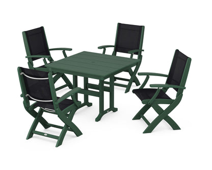 POLYWOOD® Coastal Folding Chair 5-Piece Farmhouse Dining Set in Green / Black Sling