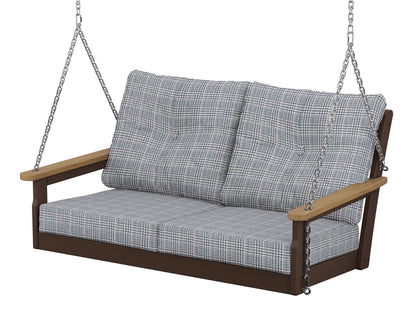 POLYWOOD® Vineyard Deep Seating Swing in Mahogany / Natural / Houndstooth Sky Blue