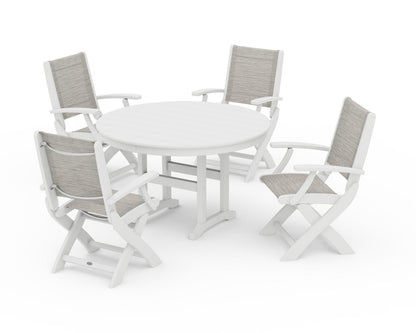 POLYWOOD® Coastal Folding Chair 5-Piece Round Dining Set in White / Birch Sling