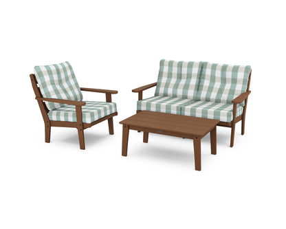 POLYWOOD® Lakeside 3-Piece Deep Seating Set in Teak / Buffalo Plaid Glacier Spa