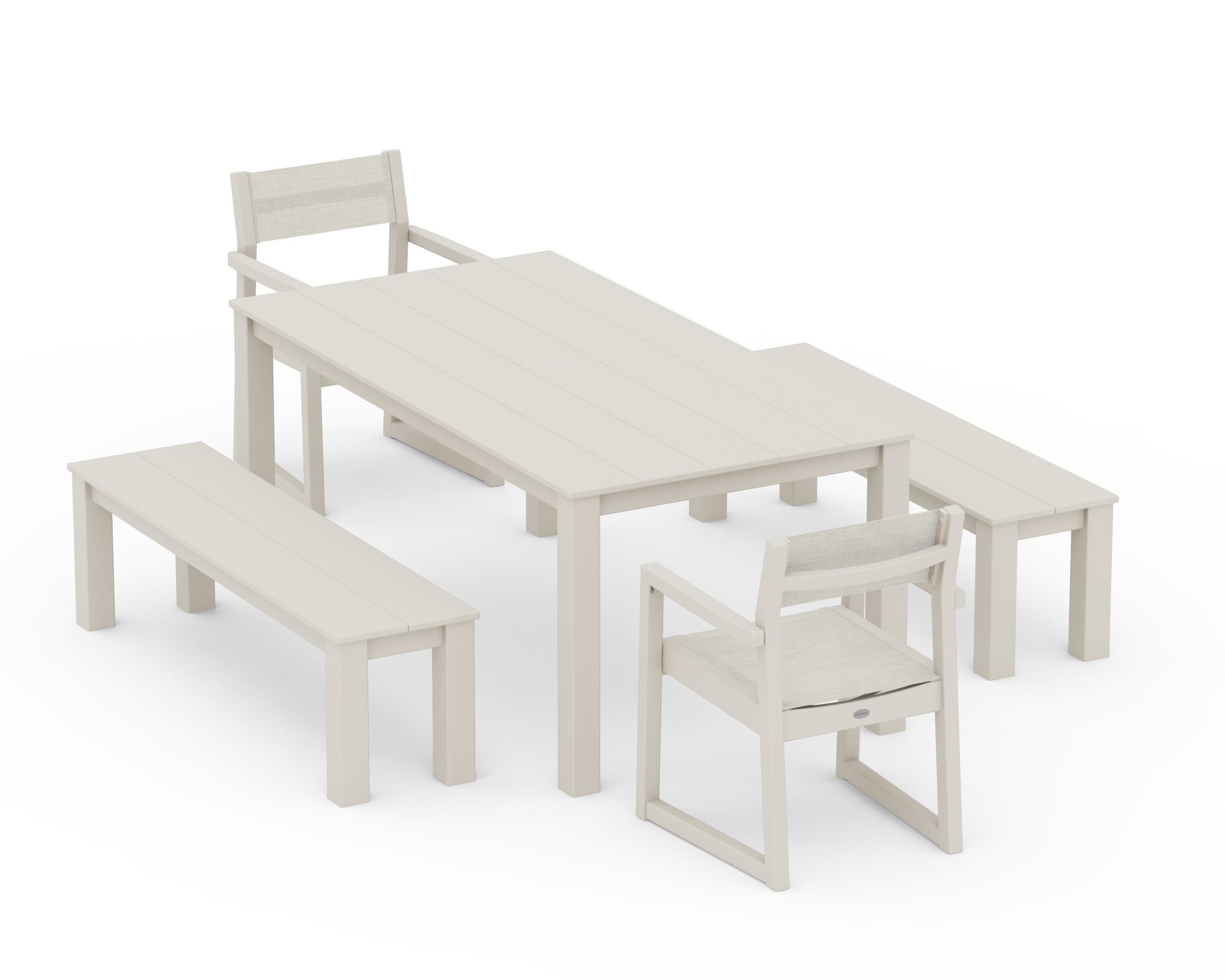 POLYWOOD® EDGE Sling Arm Chair 5-Piece Parsons Dining Set with Benches in Sand / Parchment Sling