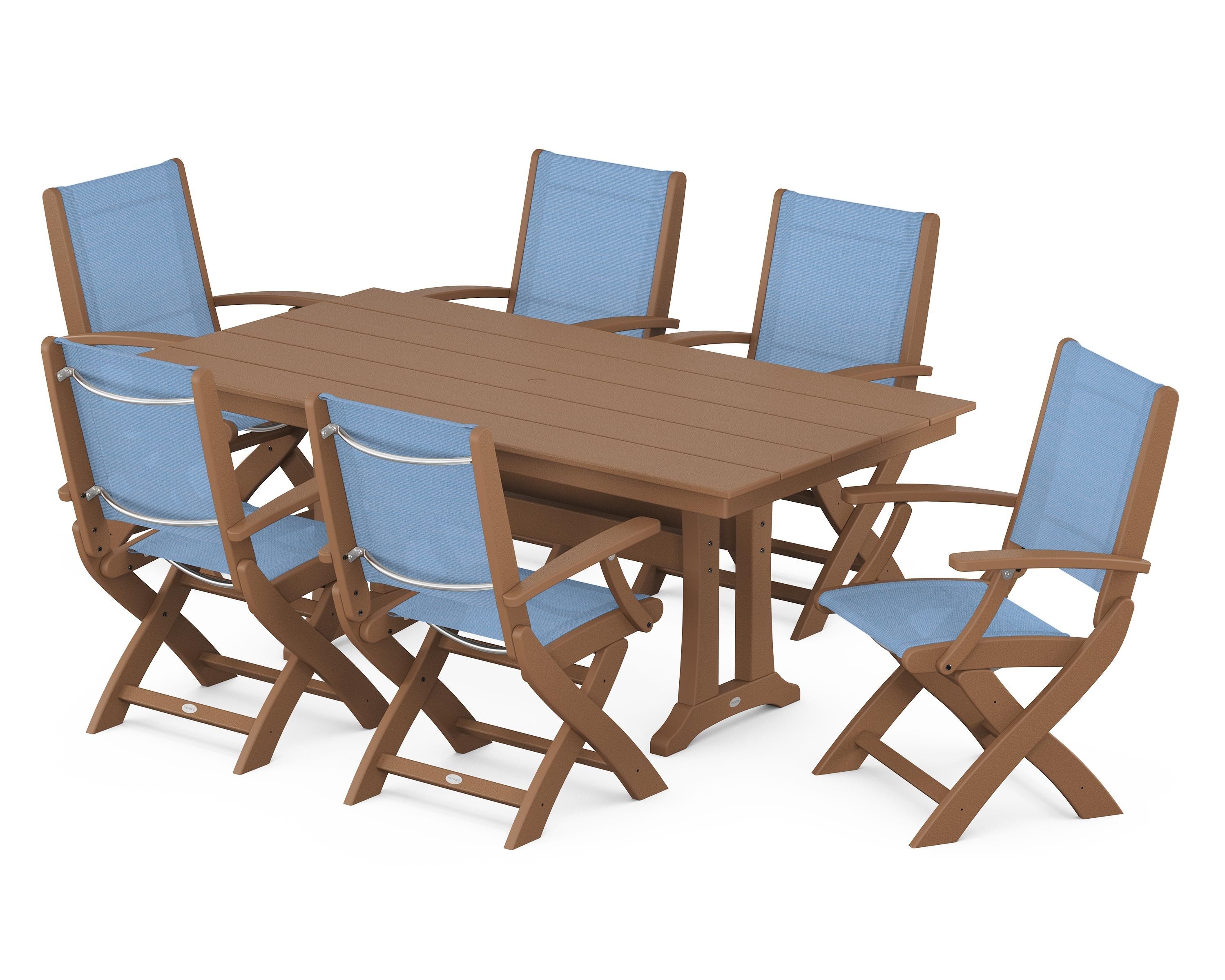 POLYWOOD® Coastal Folding Arm Chair 7-Piece Farmhouse Dining Set with Trestle Legs in Teak / Poolside Sling