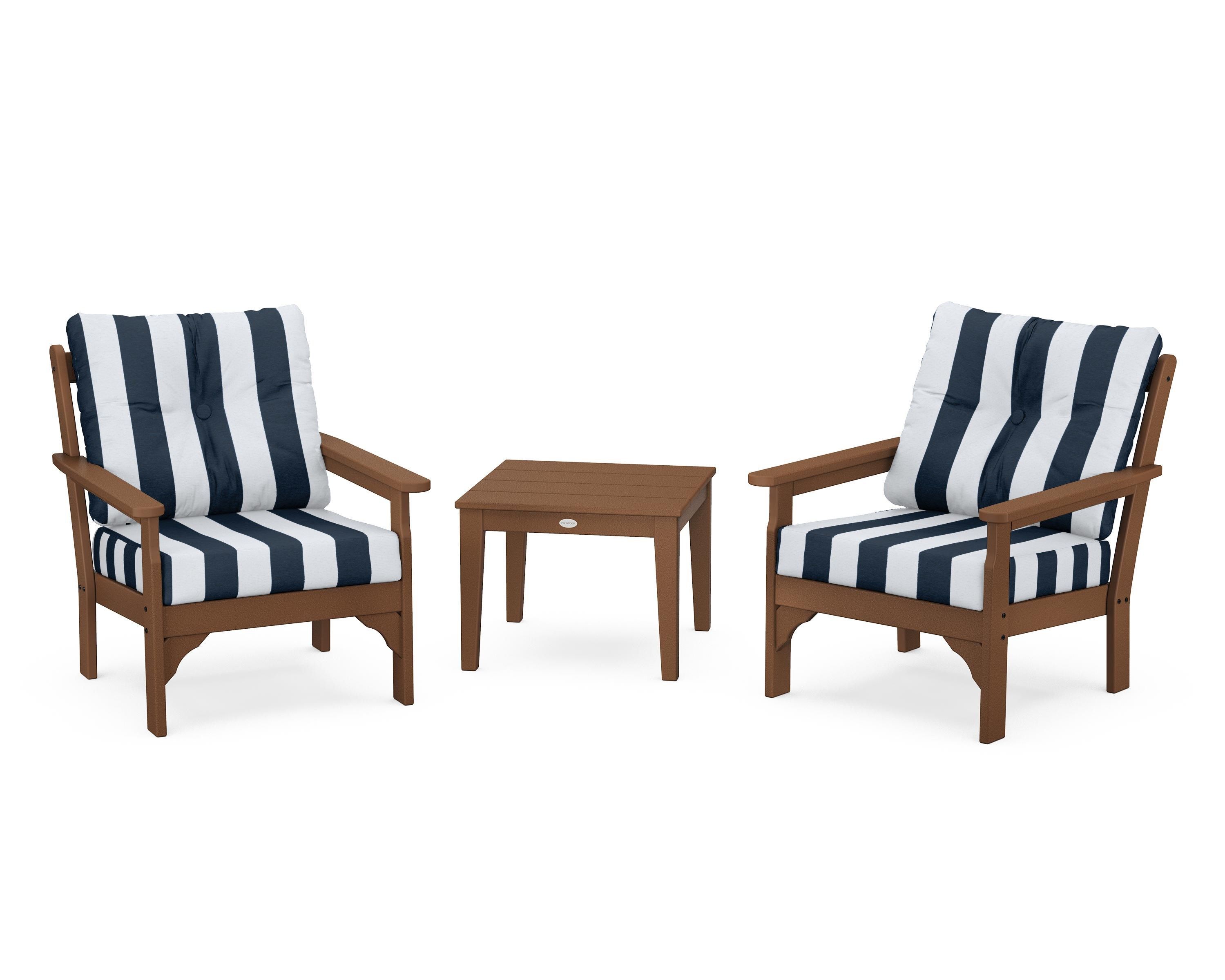 POLYWOOD® Vineyard 3-Piece Deep Seating Set in Teak / Cabana Stripe Marine Indigo