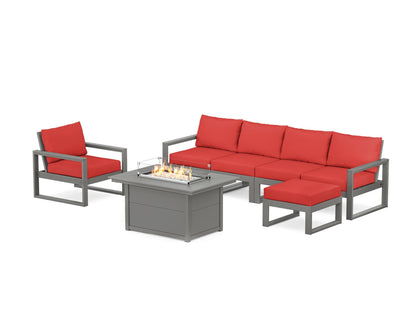 POLYWOOD® EDGE Sectional Lounge and Fire Pit Set in Slate Grey / Crimson Linen