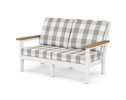 POLYWOOD® Chippendale Deep Seating Loveseat in White / Natural / Buffalo Plaid Grey Mist
