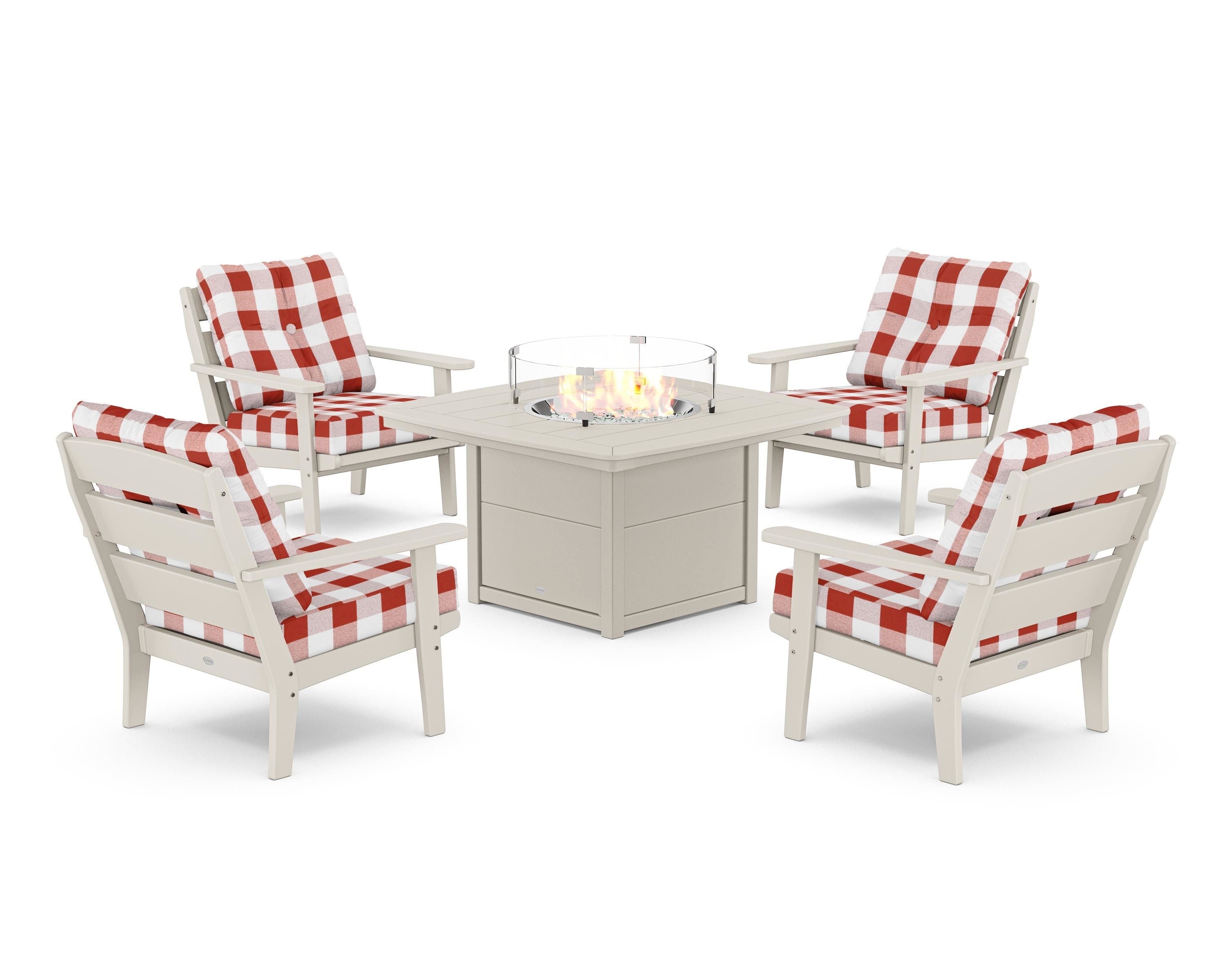 POLYWOOD® Lakeside 5-Piece Deep Seating Set with Nautical Fire Pit Table in Sand / Buffalo Plaid Crimson