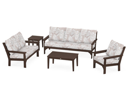 POLYWOOD® Vineyard 5 Piece Deep Seating Set in Mahogany / Leaf Dune Burlap