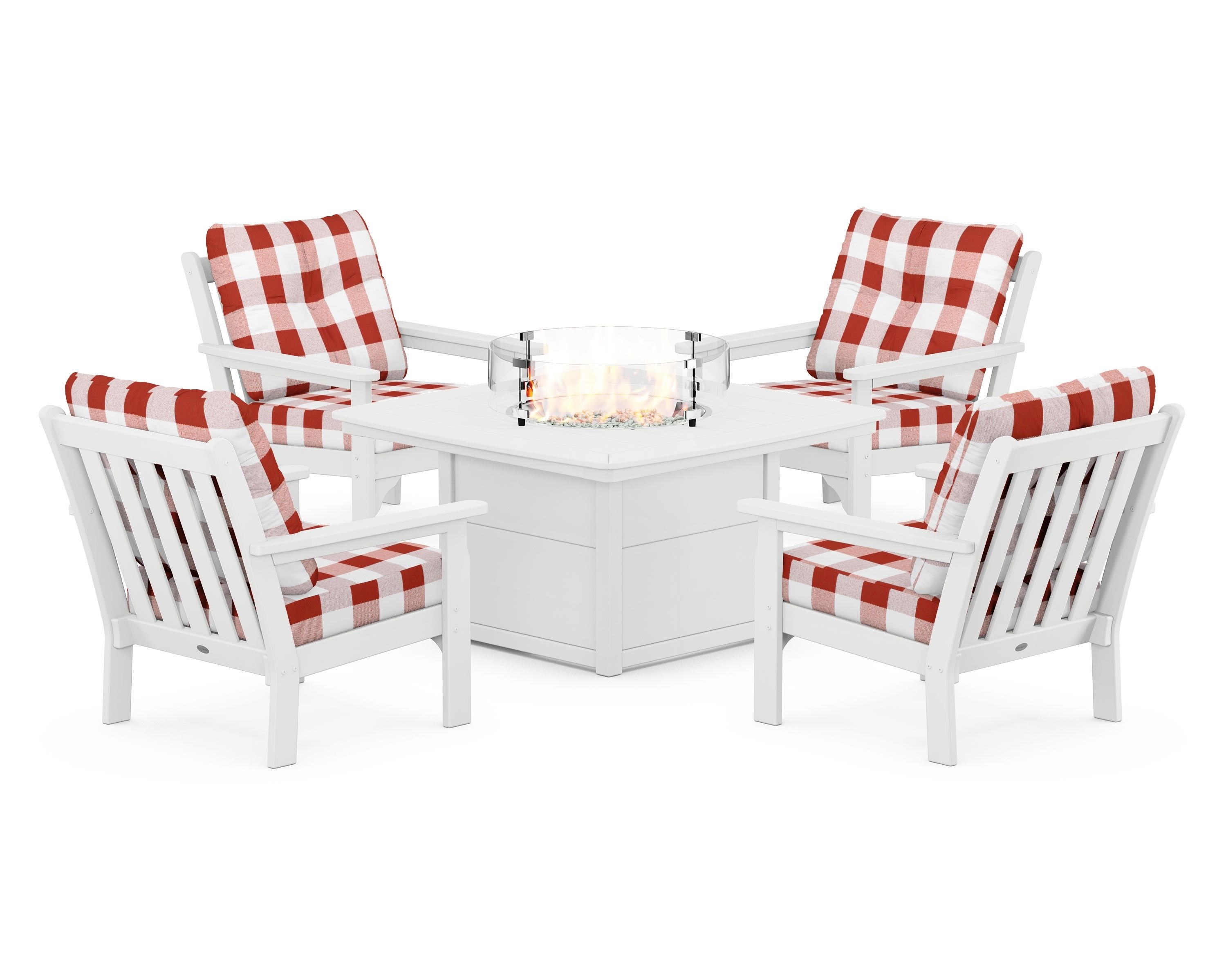 POLYWOOD® Vineyard 5-Piece Conversation Set with Fire Pit Table in White / Buffalo Plaid Crimson